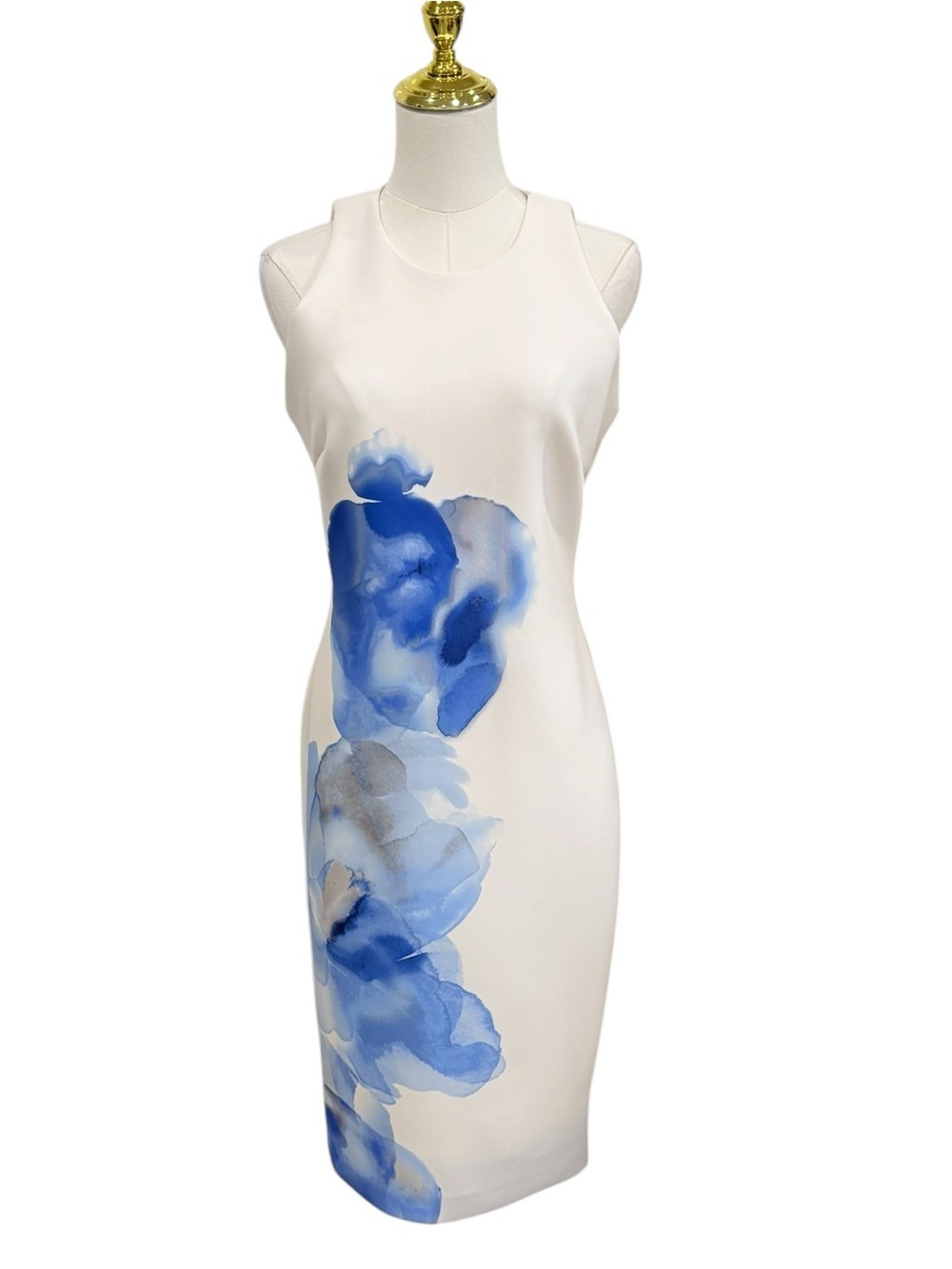 Donna Karan NWT Cielo White Blue Floral Print Sleeveless Scuba Knit Sheath Dress - Picture 4 of 16